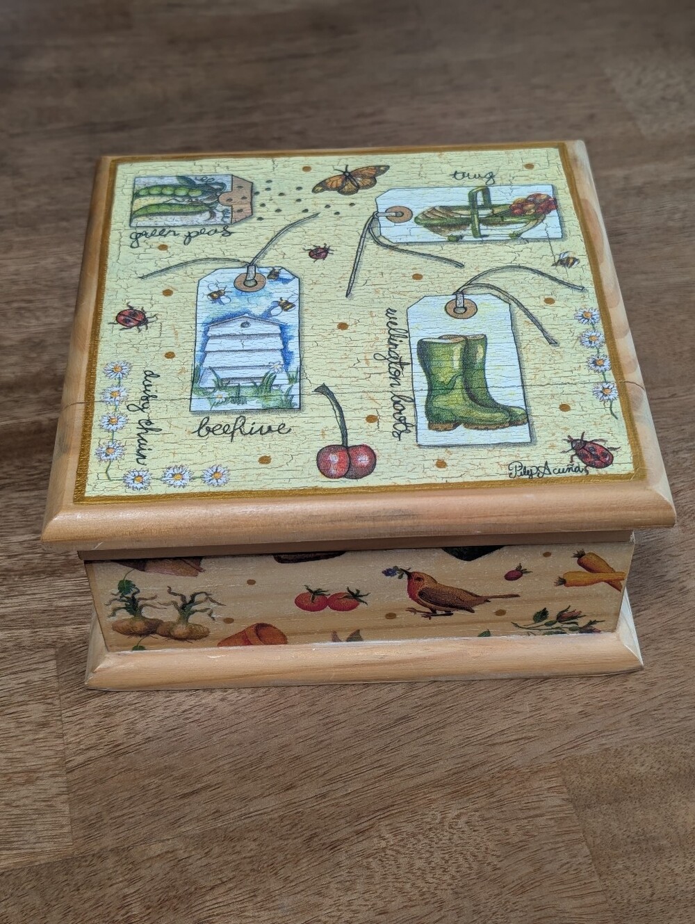 Pily Acuna Design Decoupage Wooden Trinket Box/ Jewelry Box Garden Bees Ladybug